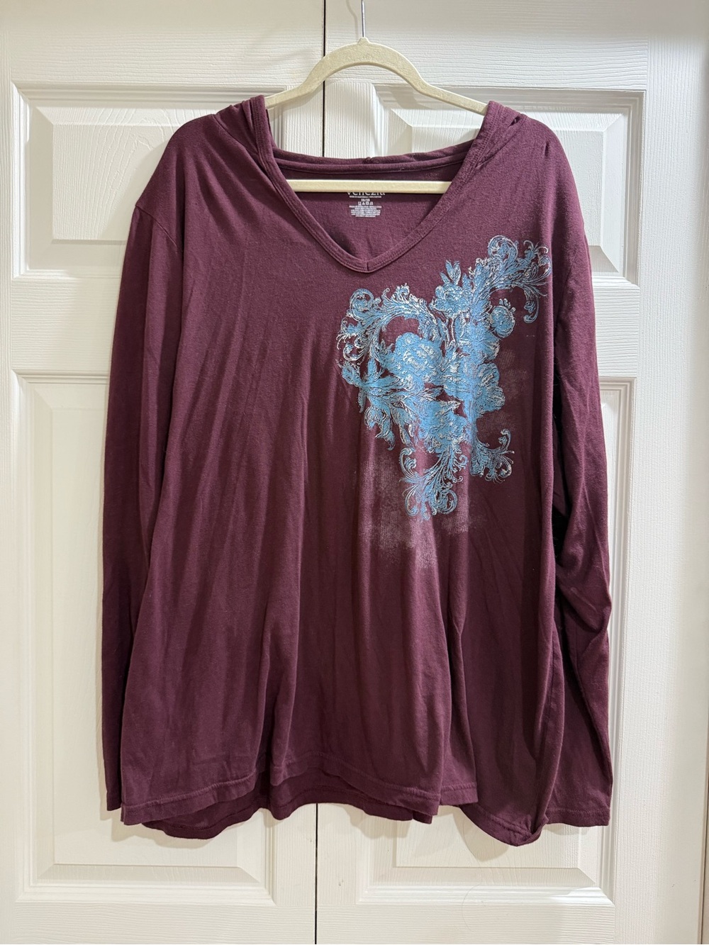 Venezia Maroon Long-Sleeve V-Neck Top with Blue Decorative Print